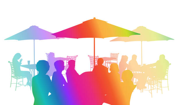 Group of people sitting together at a terrace restaurant in coloured silhouette illustration