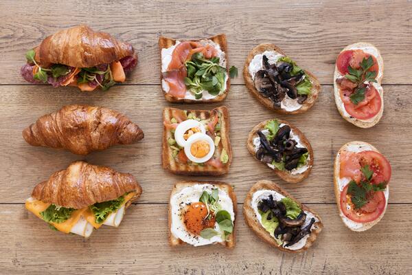 flat lay fresh sandwiches arrangement wooden background