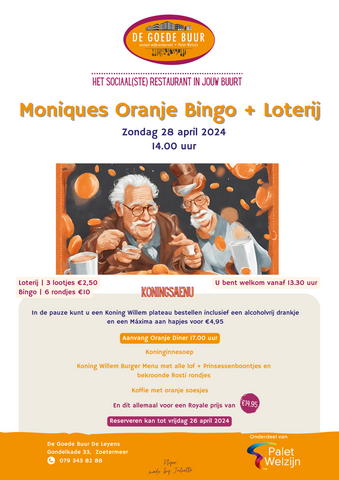 Poster Moniques Oranje Bingo en Loterij zondag 28 april 2024 DGB De Leyens