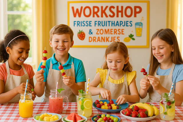 Creëer een afbeelding van een workshop voor kinderen die frisse fruithapjes en zomerse drankjes maken
