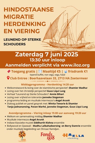 Flyer Hindostaanse Migratie Herdenking en Viering Leunend Op Sterke Schouders. 7 juni 2025