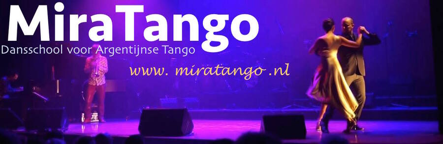 Poster voor tangolessen bij MiraTango met een dansend koppel